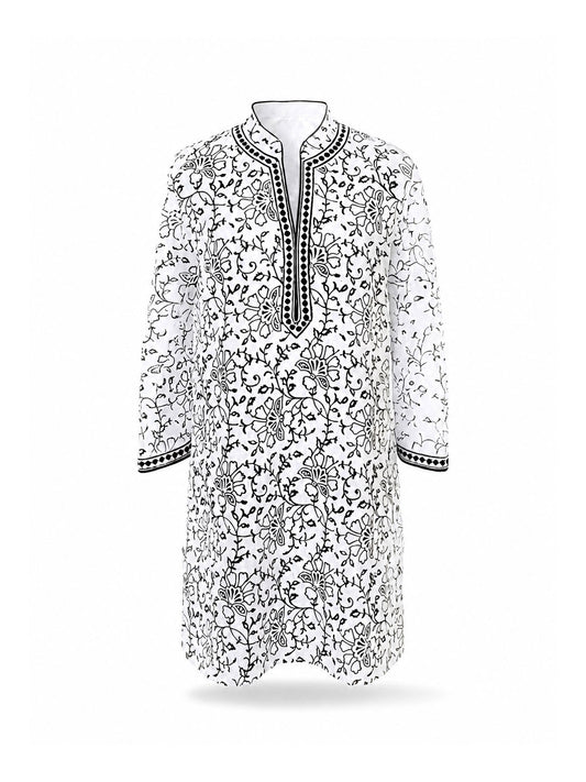 Black and white linen kaftan with floral vine print and contrast border detailing