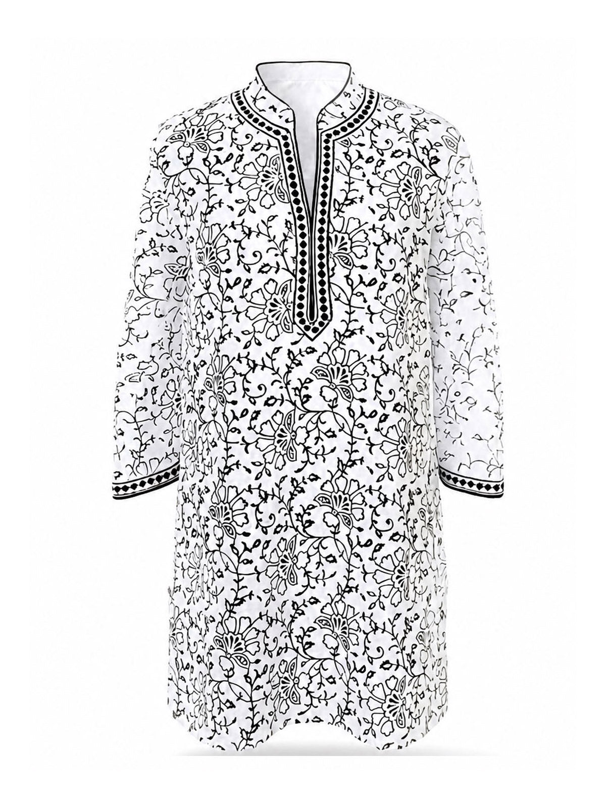 Black and white linen kaftan with floral vine print and contrast border detailing