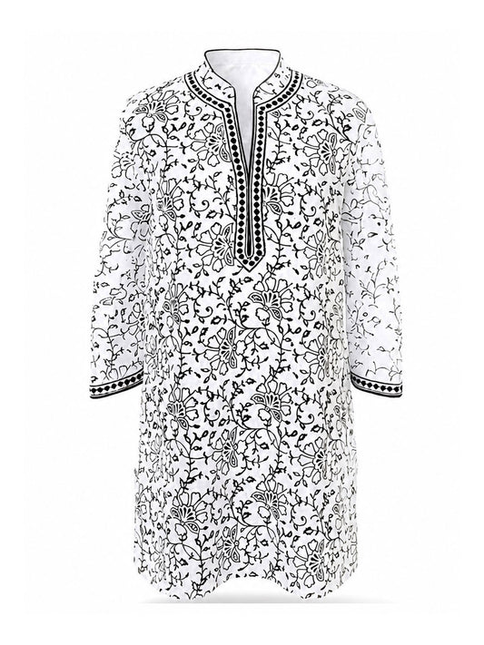 Black and white linen kaftan with floral vine print and contrast border detailing