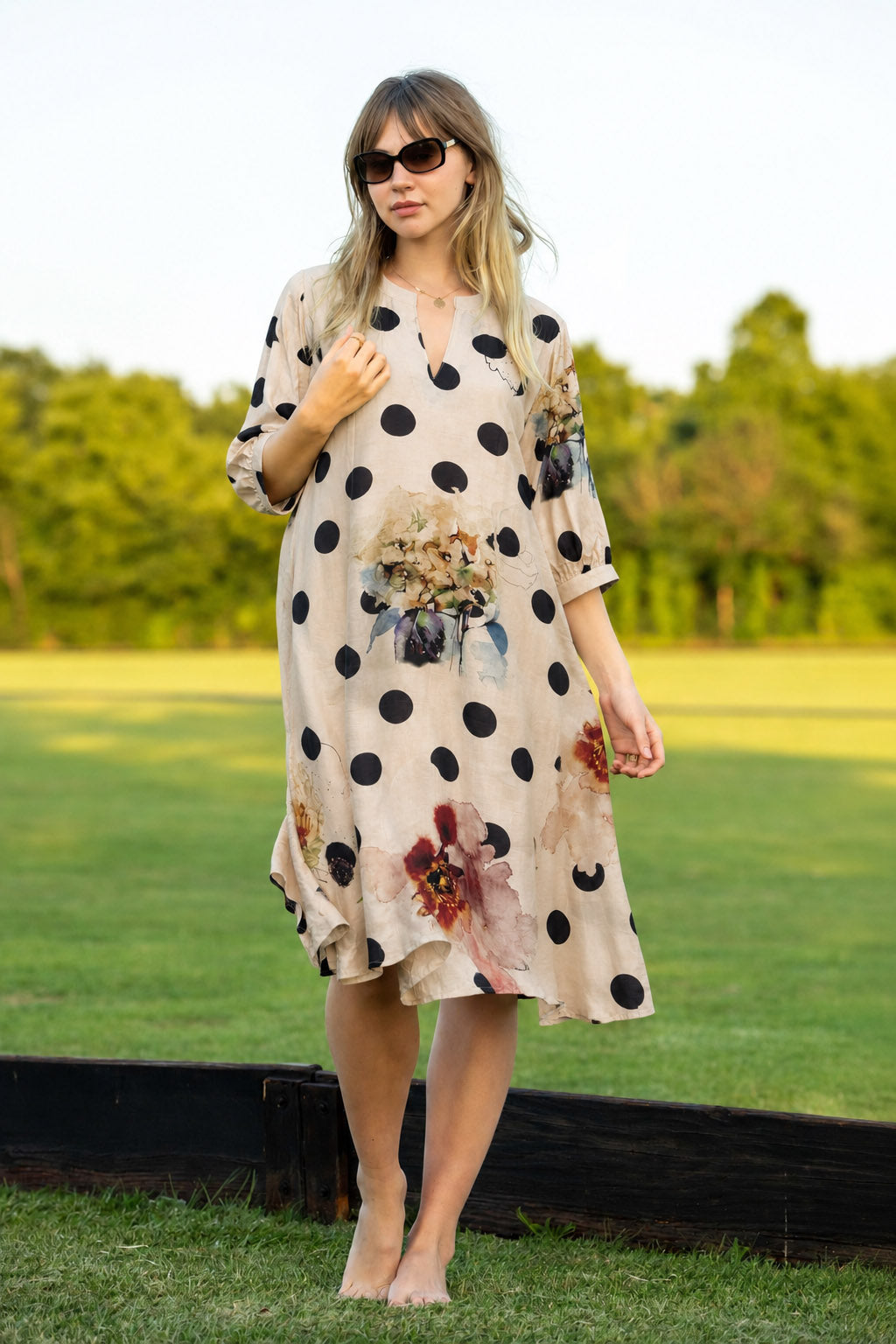 Off-white cotton silk dress with black polka dots and floral print