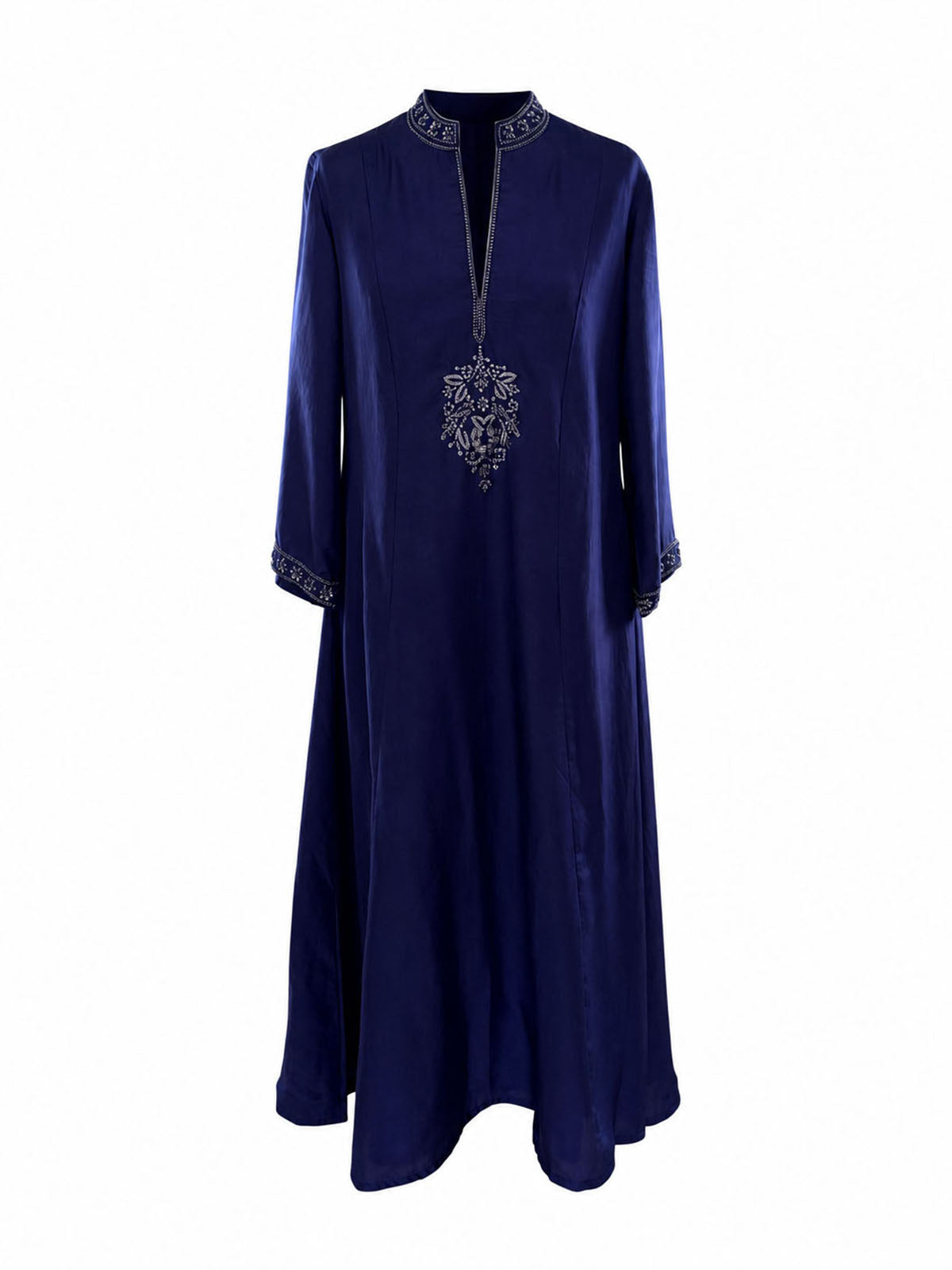 Pichola midnight blue pure silk dress with embroidered neckline and cuffs