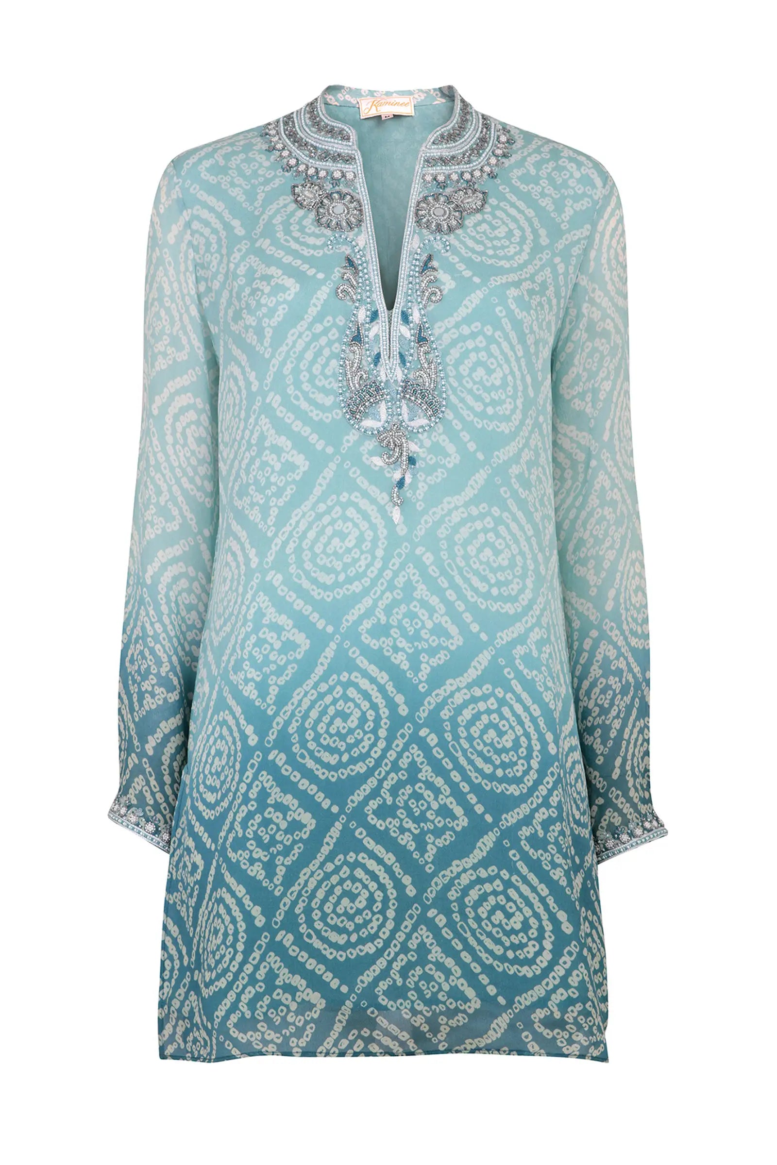 Mustique shaded aqua hand-embroidered silk kaftan by Kaminee, georgette-lined with ombre colour gradation and relaxed silhouette