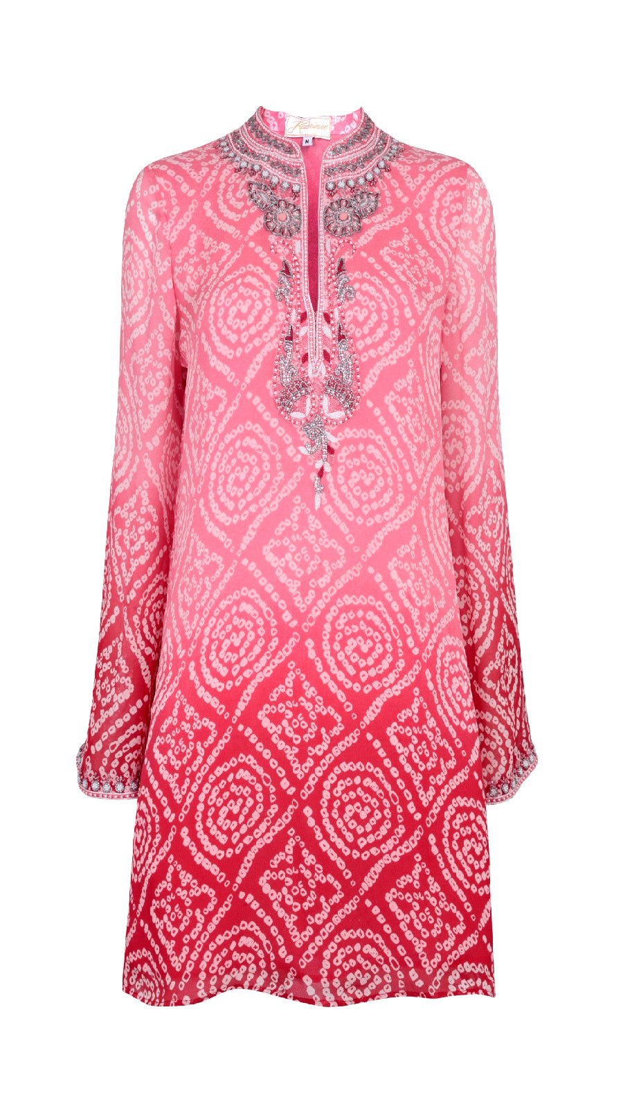Mustique shaded coral hand-embroidered silk kaftan by Kaminee, georgette-lined with ombre colour gradation and relaxed silhouette