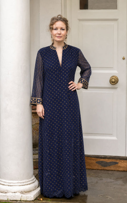 Full Length Navy Georgette Dress - Amara