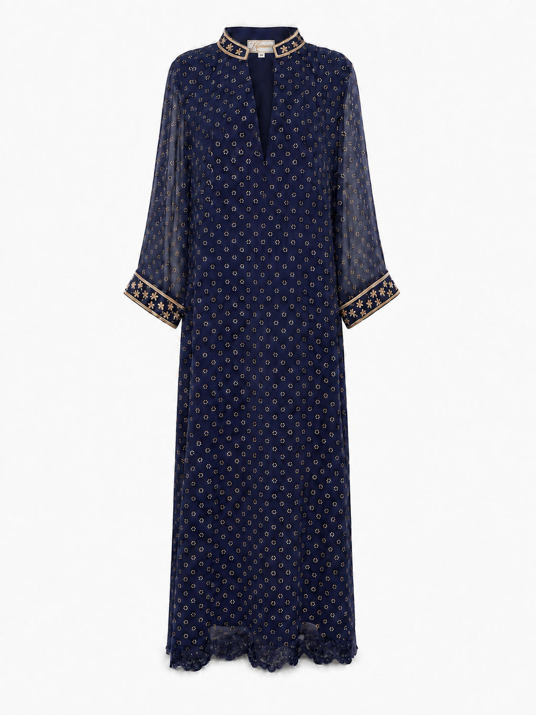 Amara full-length navy georgette dress with gold embroidery and scalloped hem