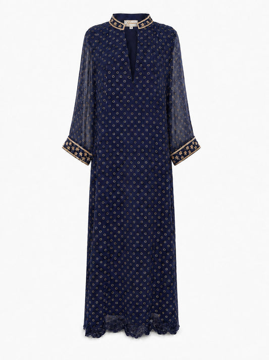 Amara full-length navy georgette dress with gold embroidery and scalloped hem