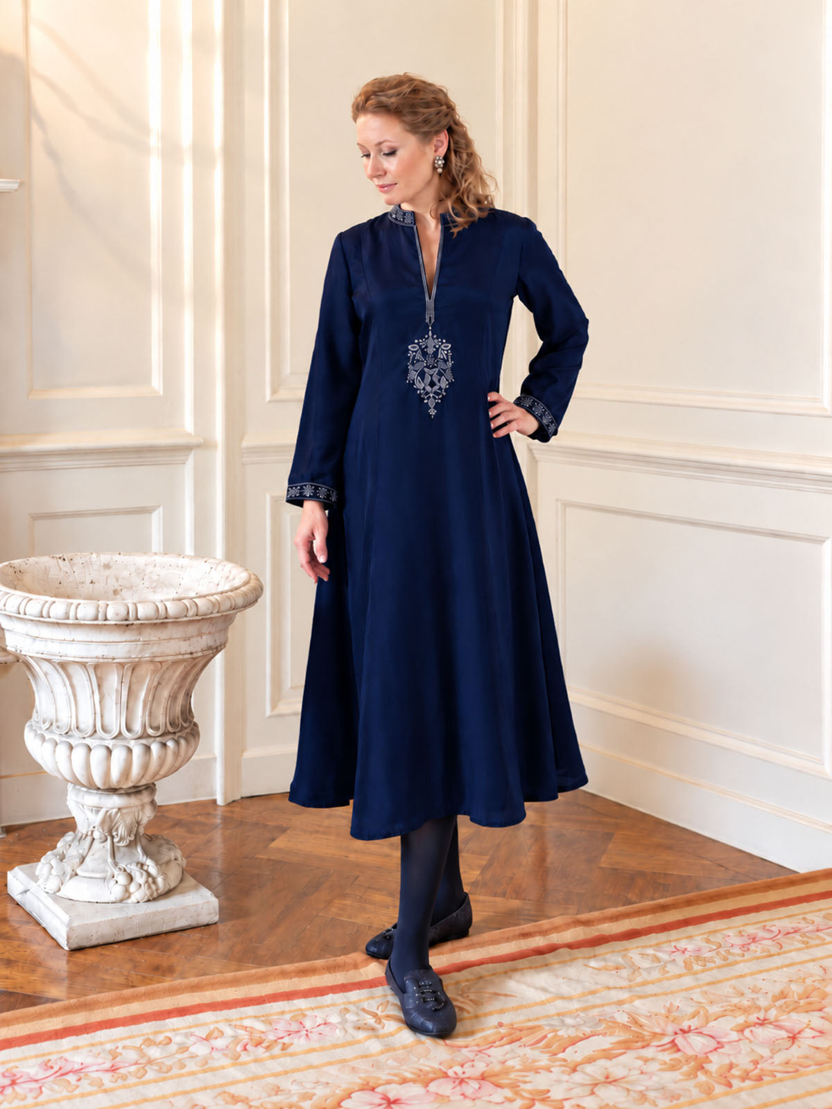 Pichola midnight blue pure silk dress with hand embroidery