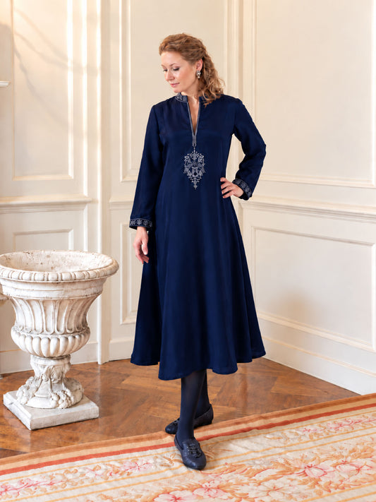 Pichola midnight blue pure silk dress with hand embroidery