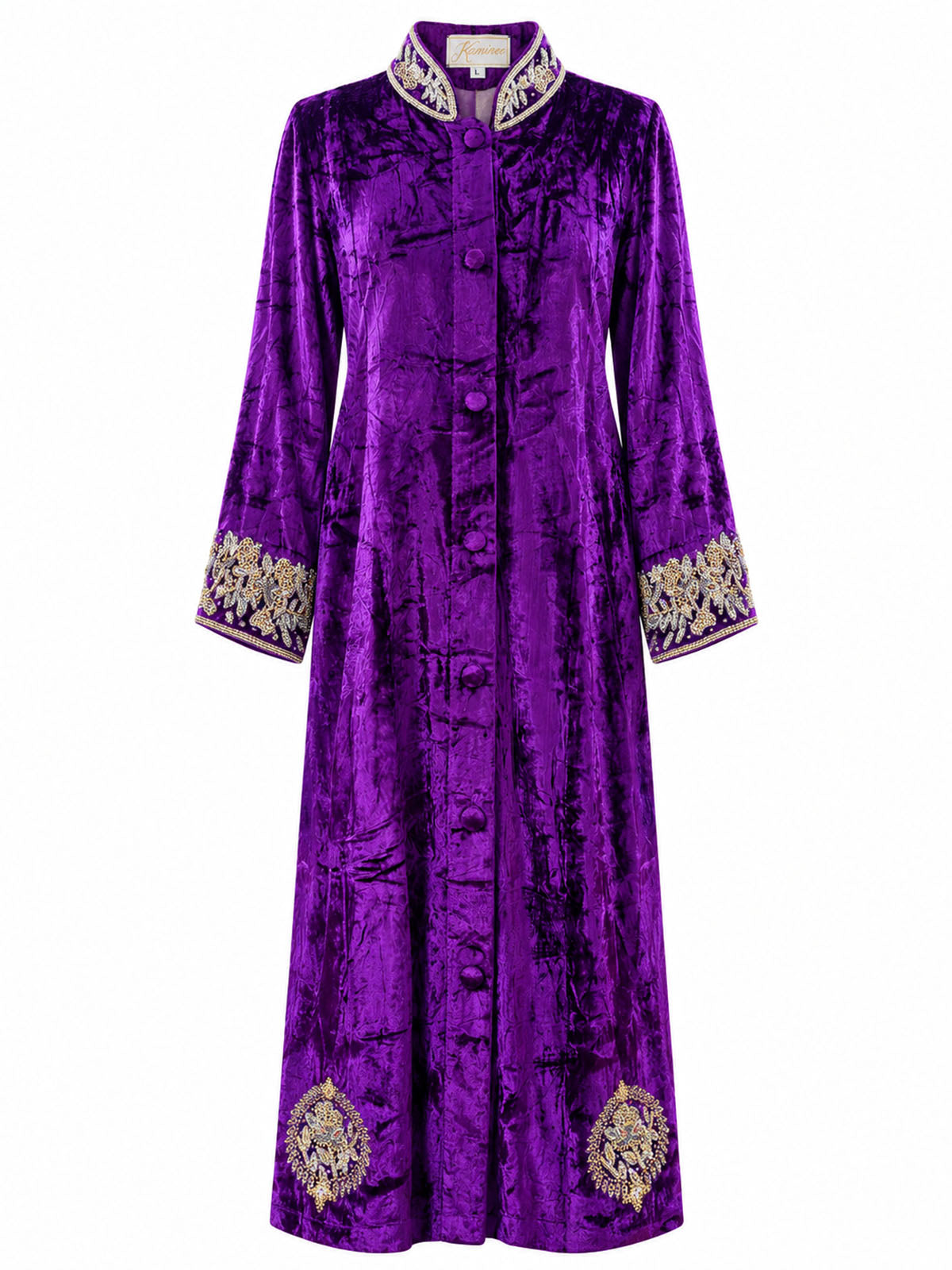 Qasr purple silk velvet swing jacket dress with a flowing button-front silhouette by Kaminee