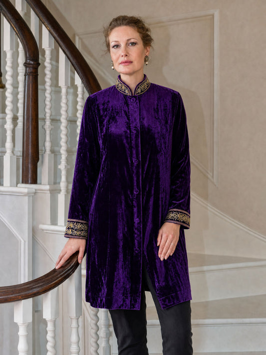 Leela purple silk velvet jacket with hand embroidery