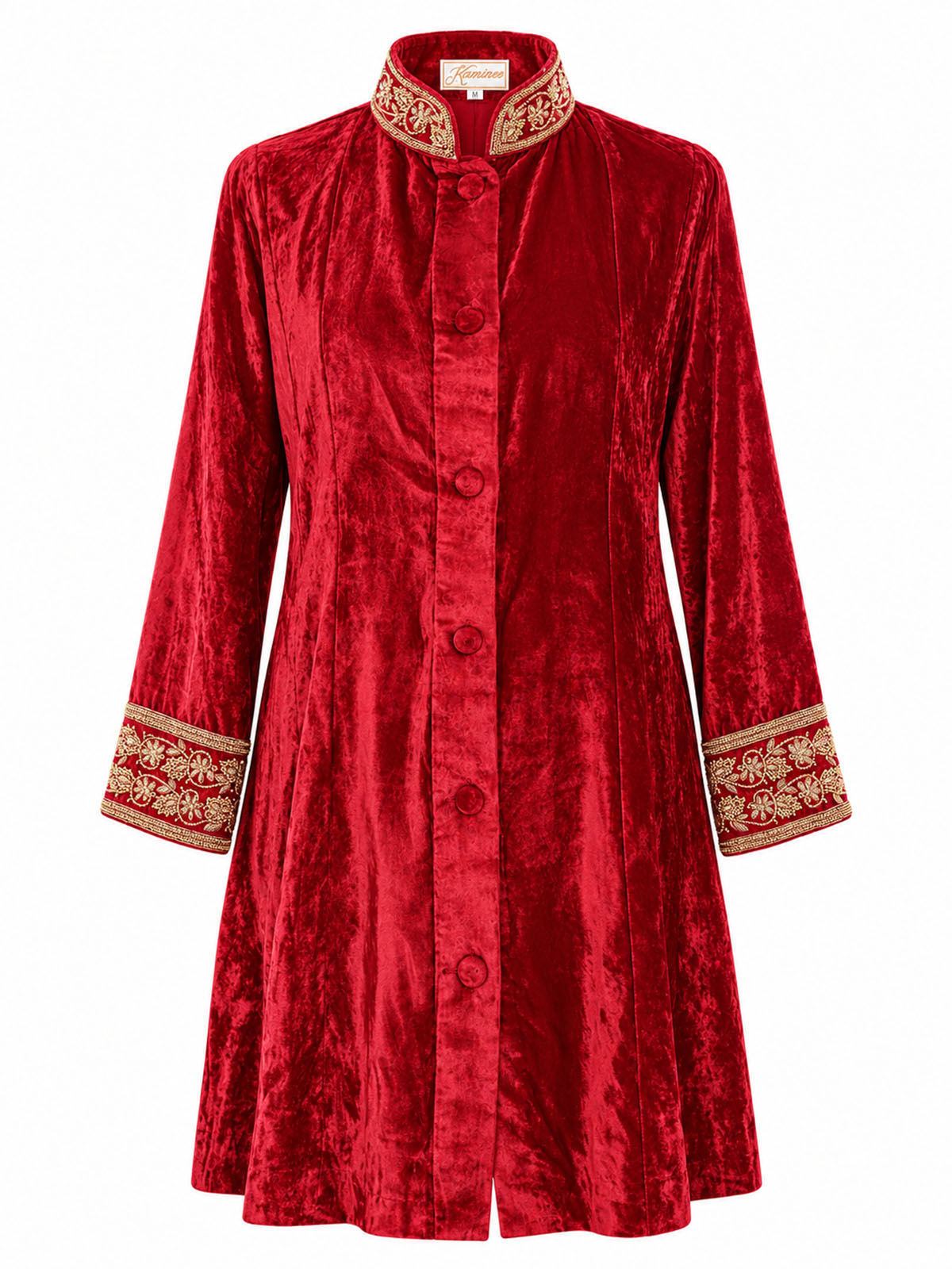 Leela red silk velvet jacket with traditional hand embroidery and Nehru-style collar by Kaminee