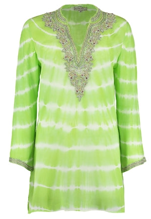 Lime green tie dye silk kaftan by Kaminee