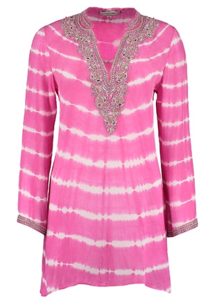 Fuchsia tie dye silk kaftan by Kaminee