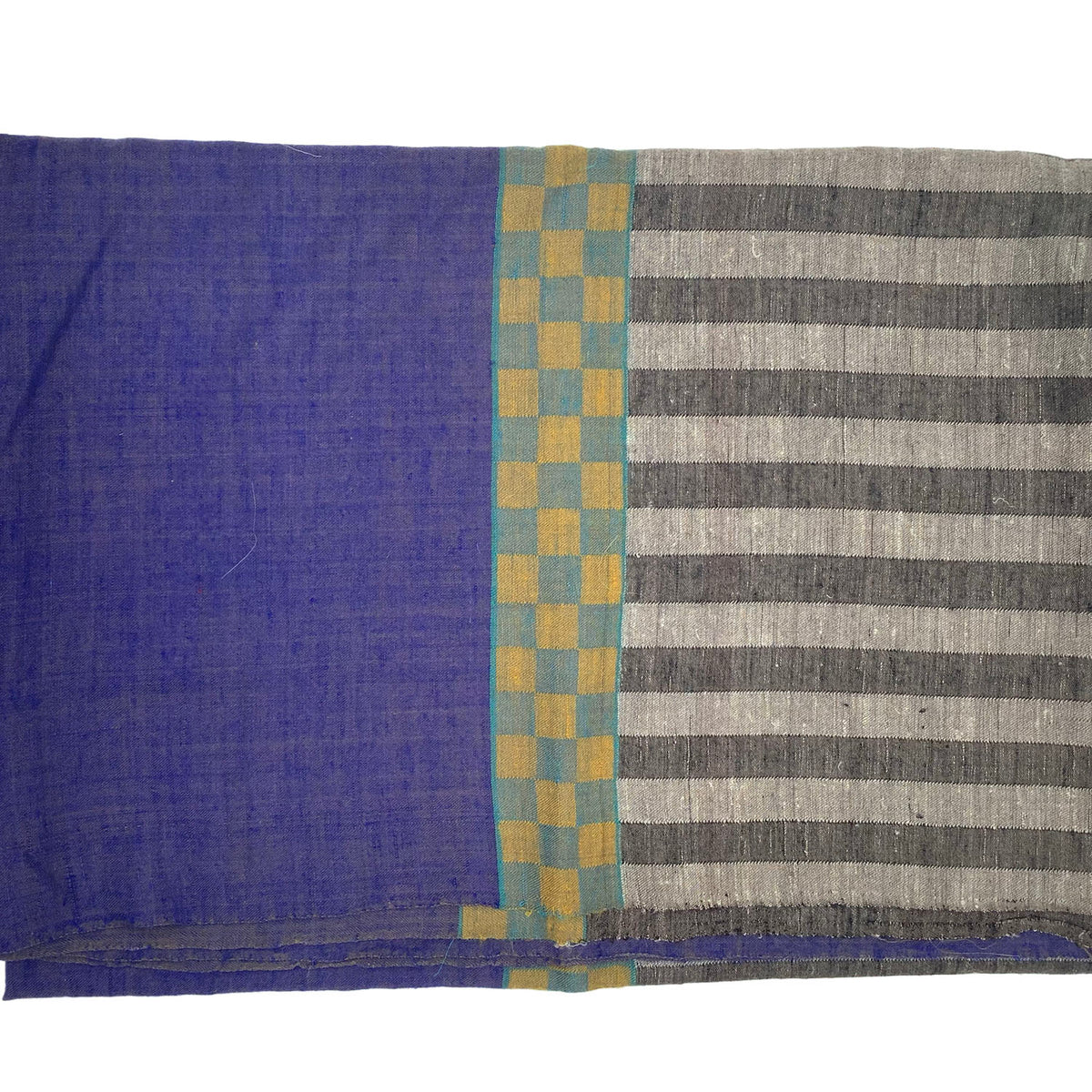 Indigo blue pure cashmere shawl with stripes and checks