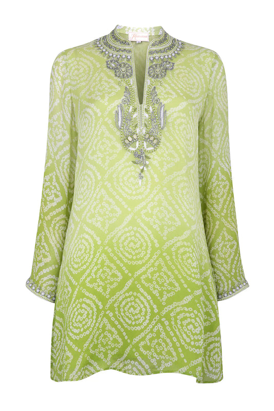 Lime green silk kaftan with embroidery by Kaminee
