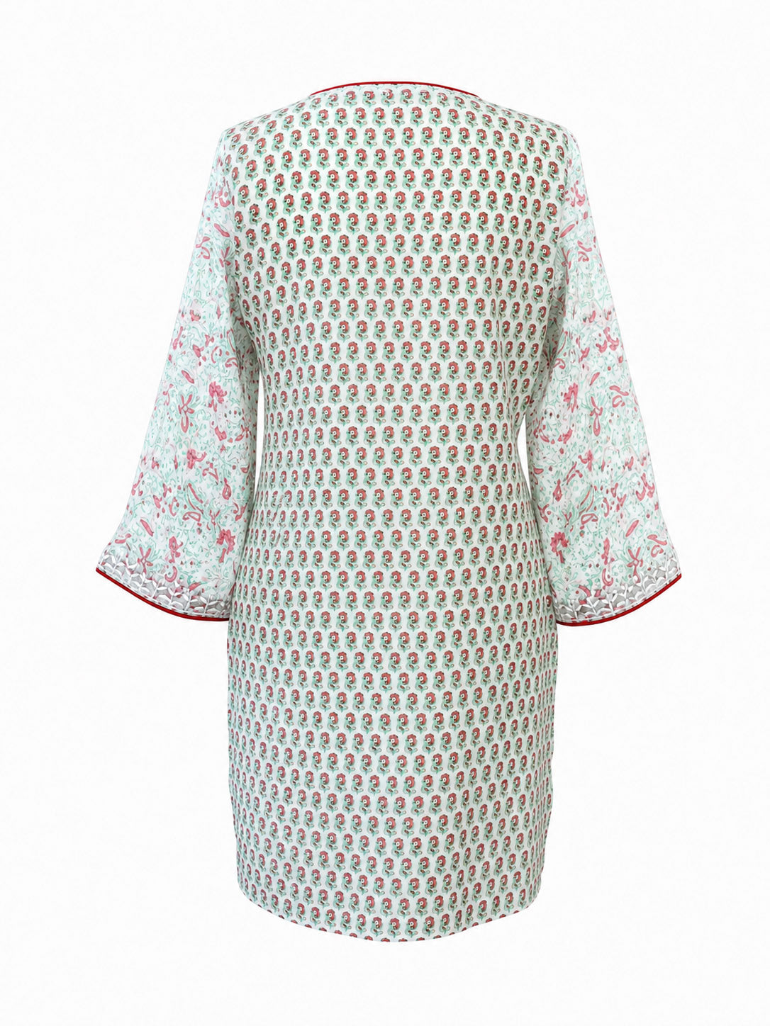 Back view of fuchsia and green printed cotton kaftan