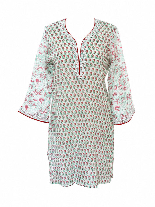 Fuchsia and green cotton kaftan with hand embroidered sleeves