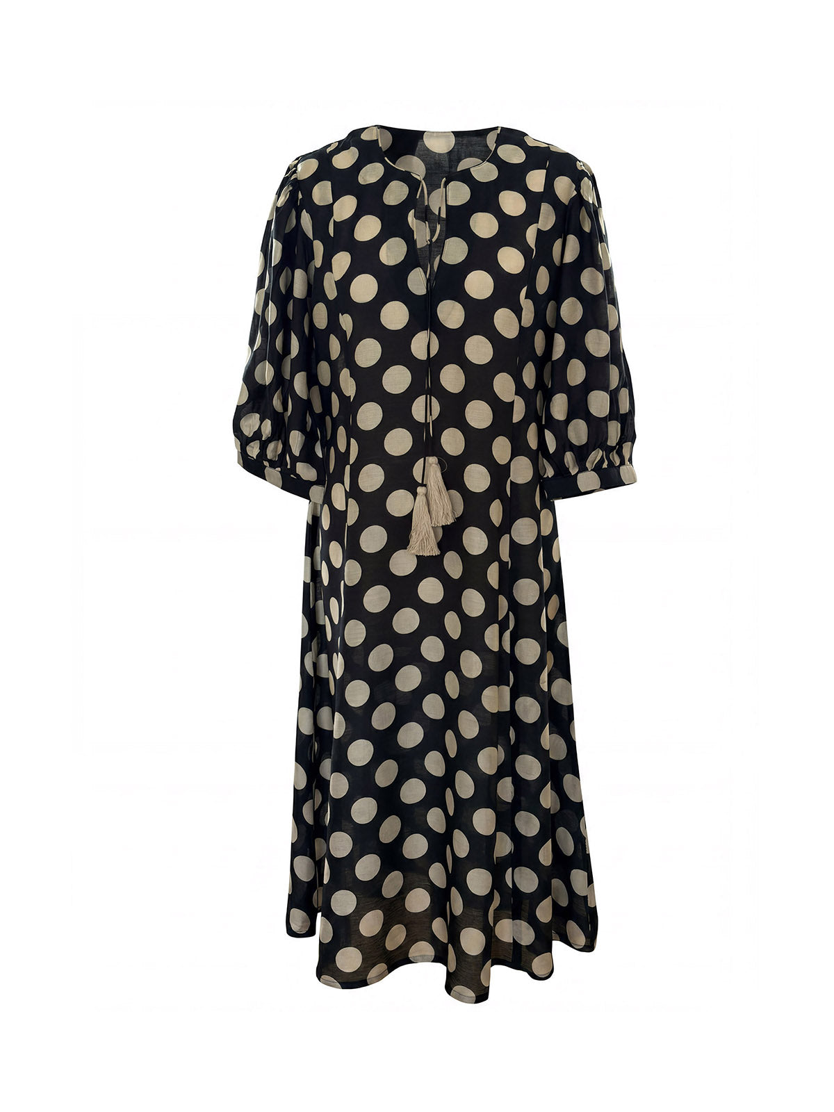 Black cotton silk dress with oversized off-white polka dot print
