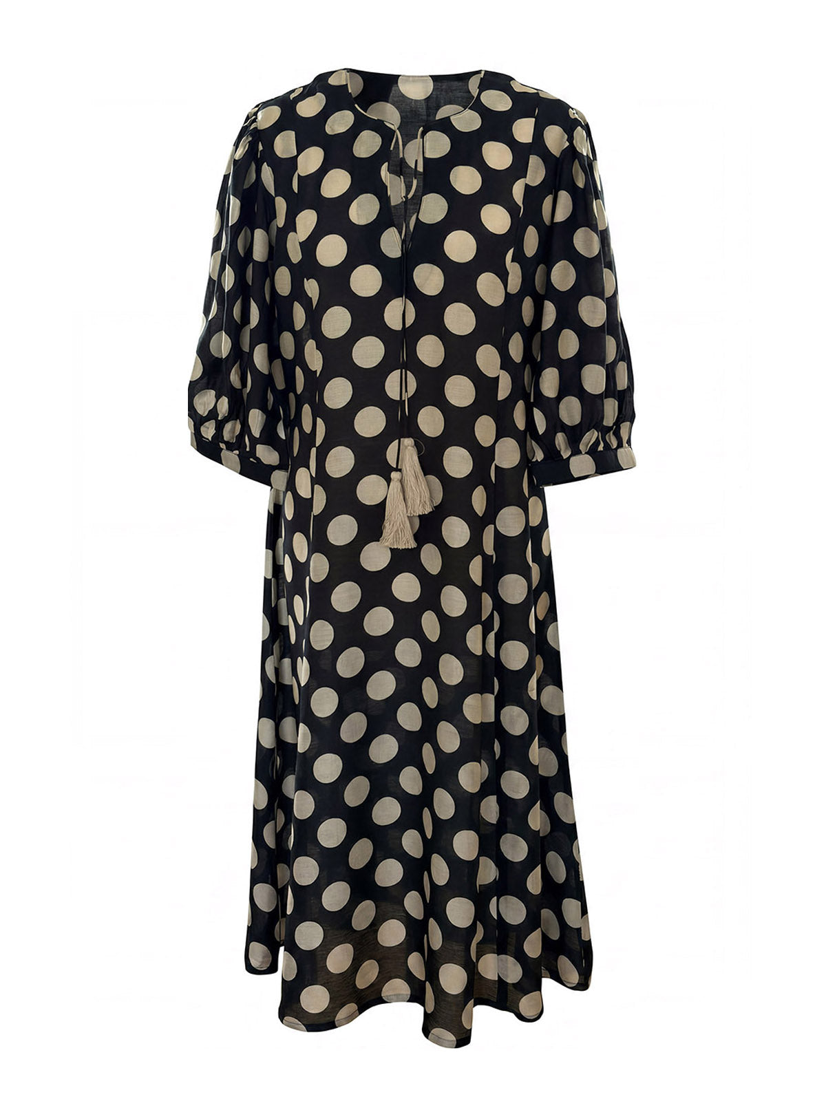 Black cotton silk dress with oversized off-white polka dot print