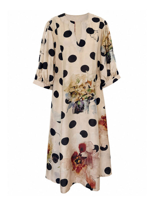 Off-white cotton silk dress with black polka dots and floral print
