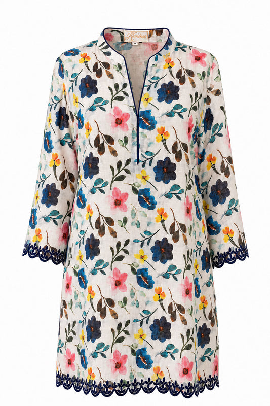 Palermo floral linen kaftan with scalloped embroidered hem and sleeves