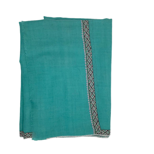 Turquoise pure cashmere stole with pink and black border embroidery