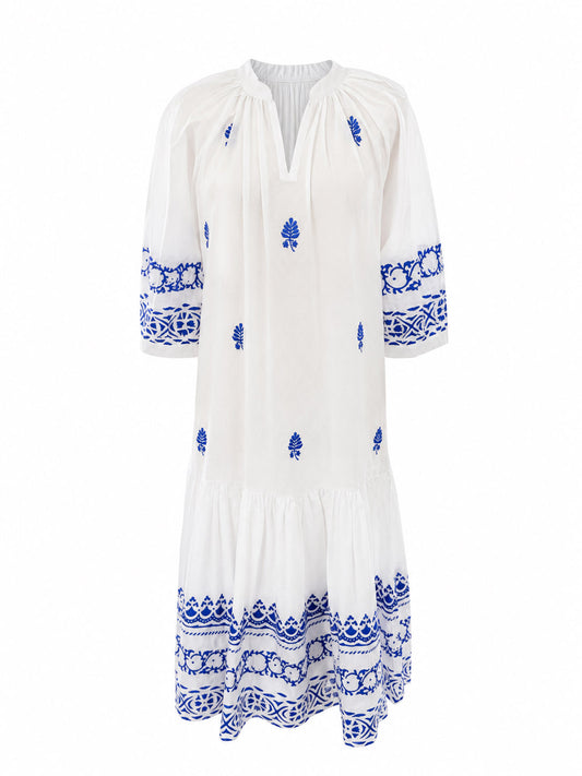 Riviera Cotton Dress - White/Blue