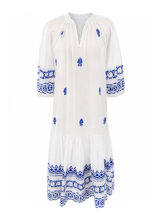 White and blue cotton dress with embroidered bodice and hand block printed skirt