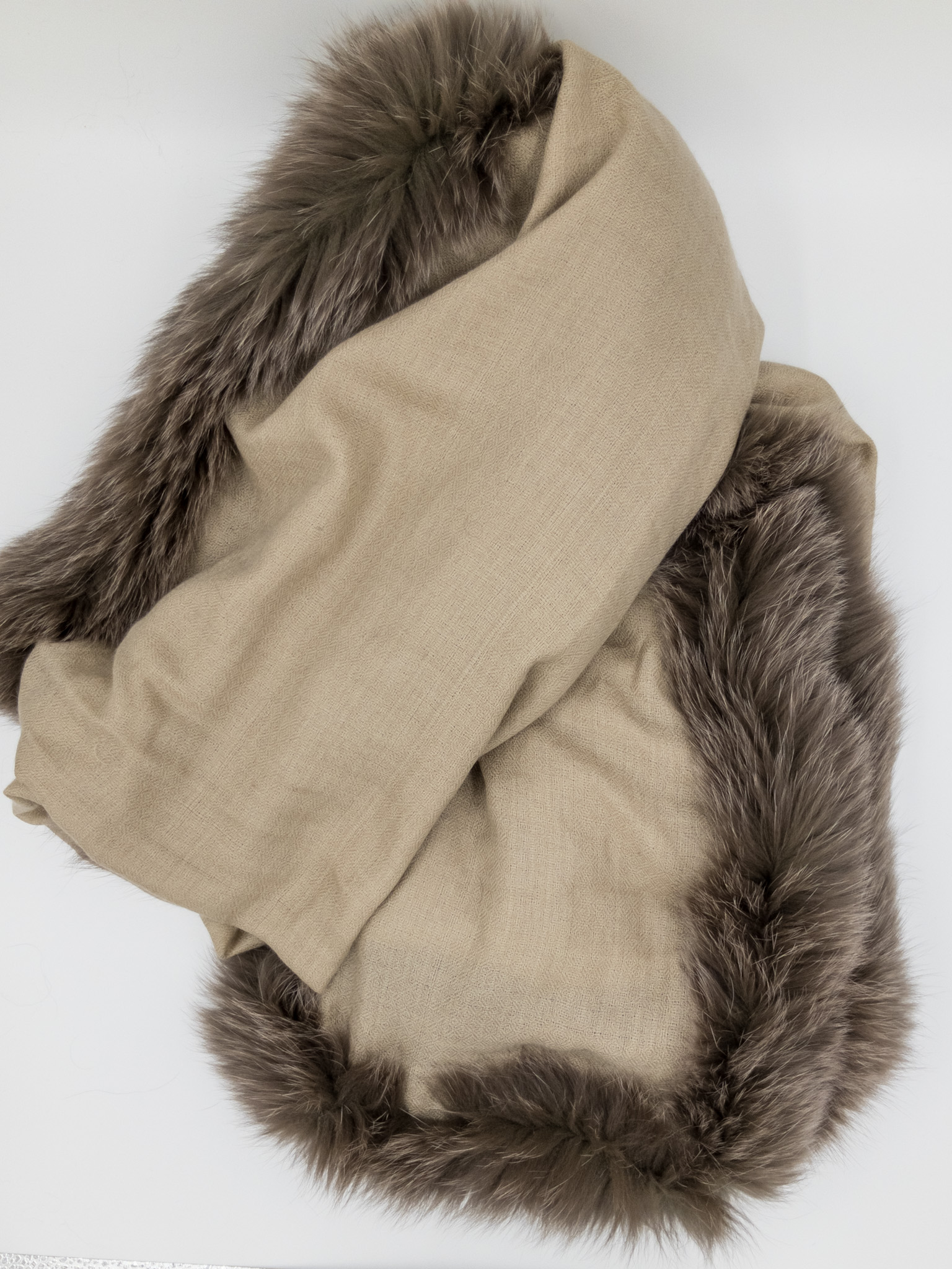 Wool Fur Trimmed Stole – Beige/Brown | Kaminee